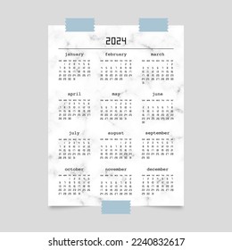 Calendar for 2024 year on poster mockup with marble pattern. Week starts from Sunday. Vector illustration.