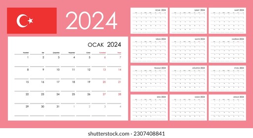 Calendar for 2024 year, organizer planner, 12 boards, months set. Wall layout. Clear template. Turkish language.