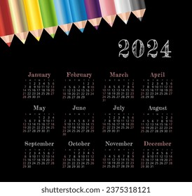 Calendar 2024 year with pencil. Color vector template. Week starts on Sunday. Basic grid. Ready design