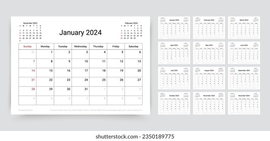 Calendar for 2024 year. Planner calender template. Yearly organizer with 12 pages. Week starts Sunday. Desk schedule grid. Table timetable layout. Horizontal monthly diary. Vector simple illustration