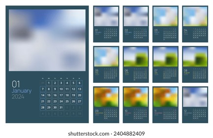 Calendar for 2024 year. Print template with place for photo. Set of 12 calendar pages. Stationery design 2024
