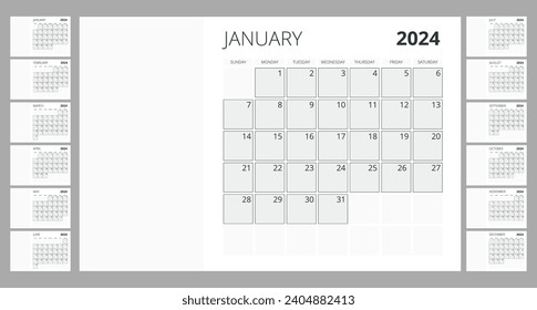 Calendar for 2024 year. Print template with place for photo. Set of 12 calendar pages. Stationery design 2024