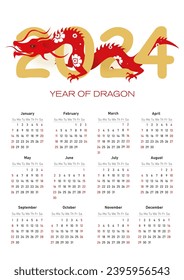 Calendar for 2024 year with red dragon. Vector template calendar A3. Year of dragon.