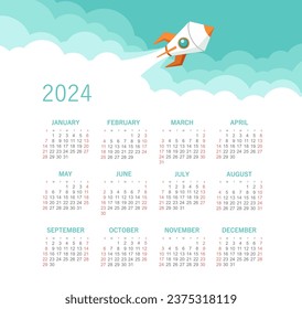 Calendar 2024 year with rocket. Color vector template. Week starts on Sunday. Basic grid. Ready design