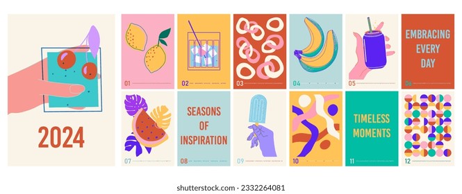 Calendar. Calendar 2024. Year 2024. Series of calendar templates. Monthly template. Retro style. Geometric shapes. Various beverages and fruits. Beverage in hand. Doodle illustrations. Vector