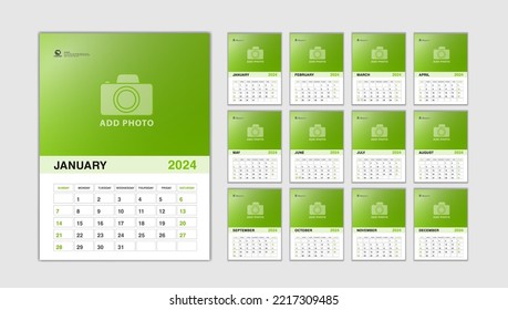 Calendar 2024 year - Set Desk Calendar 2024 template Vector, Week Start On Sunday, Wall calendar 2024 template, Planner, Stationery, Printing media, advertisement, green background