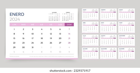 Calendar 2024 year. Spanish planner template. Week starts Monday. Calender layout. Desk schedule grid. Yearly corporate organizer. Horizontal monthly diary with 12 month. Vector simple illustration