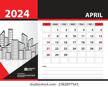 calendar 2024 year template - April 2024 year, Week Starts on Sunday, Desk calendar 2024 design, Wall calendar, planner design, stationery, printing media, Red background, vector
