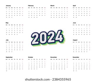 Calendar 2024 year template. Daily planner calendar.