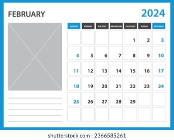 calendar 2024 year template - February 2024 year, Week Starts on Sunday, Desk calendar 2024 design, Wall calendar, planner design, stationery, printing media, Blue background, vector