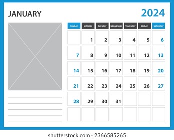 calendar 2024 year template - January 2024 year, Week Starts on Sunday, Desk calendar 2024 design, Wall calendar, planner design, stationery, printing media, Blue background, vector