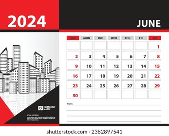 calendar 2024 year template - June 2024 year, Week Starts on Sunday, Desk calendar 2024 design, Wall calendar, planner design, stationery, printing media, Red background, vector