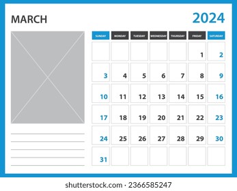 calendar 2024 year template - March 2024 year, Week Starts on Sunday, Desk calendar 2024 design, Wall calendar, planner design, stationery, printing media, Blue background, vector