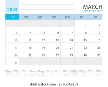 Calendar 2024 year template, March layout design, Planner simple, Desk calendar 2024 design, Week Starts on Sunday, Wall calendar design, printing media, advertisement, office organizer, vector
