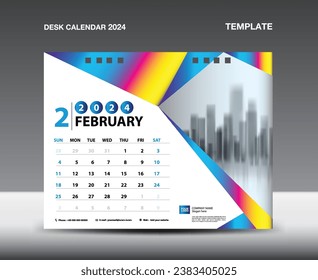 Calendar 2024 year template vector- February 2024 year, Desk calendar 2024 design, Week starts Sunday, Planner, Stationery design, flyer, Calendar printing, gradient polygon background concept