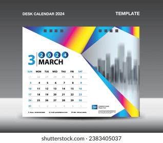 Calendar 2024 year template vector- March 2024 year, Desk calendar 2024 design, Week starts Sunday, Planner, Stationery design, flyer, Calendar printing, gradient polygon background concept