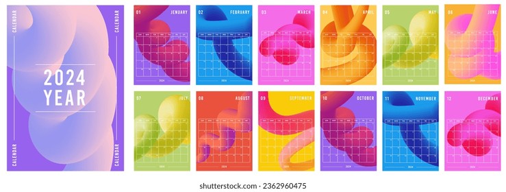 Calendar 2024 year template vertical pages monthly. Abstract 3d gradient twisted liquid line design. Colorful spiral shape print. Weeks starts on Sunday. Wall, desk, screen, planner on year. Vector