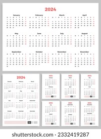 Calendar 2024 year. Variants of sets of vector templates for calendars of vertical and horizontal poster calendar in A4 format, and quarterly vertical calendar.