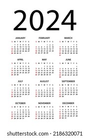 Calendar 2024 year - vector illustration. Week starts on Sunday. Calendar Set for 2024 year