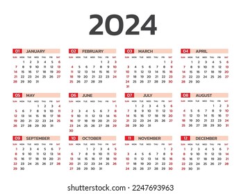 Ilustración vectorial de calendario 2024 años, Conjunto de 12 meses, semana comienza el domingo, plantilla de planificador simple, año calendario de escritorio, plantilla de calendario de pared 2024, medios de impresión, vector de plantilla de negocio