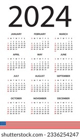Calendar 2024 year - vector illustration. American version. Week starts on Sunday