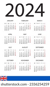 Calendar 2024 year - vector illustration. English version. Week starts on Monday