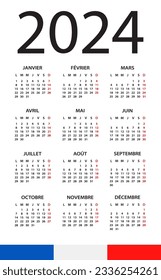 Calendar 2024 year - vector illustration. French version