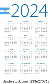 Calendario 2024 año - ilustración vectorial. Versión argentina