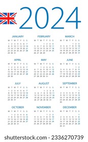 Calendar 2024 year - vector illustration. English version. Week starts on Monday