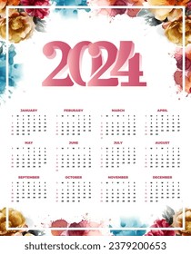 Calendar 2024 year. vector illustration. Week starts on Sunday.
