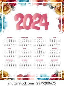 Calendar 2024 year. vector illustration. Week starts on Sunday.
