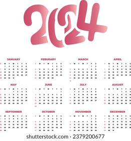 Calendar 2024 year. vector illustration. Week starts on Sunday.

