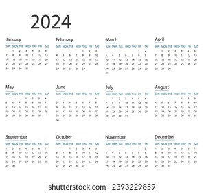 Calendar 2024 year. Vector illustration. The week starts on Sunday.