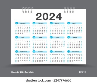 Calendar 2024 year vector, Set of 12 months, week starts on Sunday, Simple planner template, desk calendar year, wall calendar 2024 template, print media