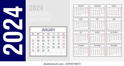 Calendario 2024 año. la semana comienza el domingo. Cuadrícula de calendario, calendario trimestral mensual, planificador