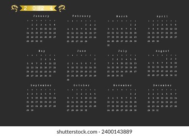 Calendar 2024 Year. Week Starts on Monday. Design for Planner, Printing, Stationery, Organizer. Vector Template