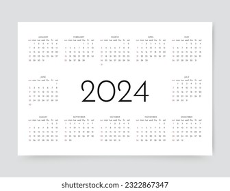 Calendar for 2024 year. Yearly calender organizer. Week starts Sunday. Grid template with 12 months. Calendar layout in minimal horizontal design. Landscape orientation, English. Vector illustration.