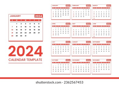 Calendar for 2024 year. Yearly calender organizer.