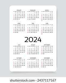 Calendar 2024 year. Yearly calender template. Week starts Sunday. Pocket wall organizer with 12 month in English. Scheduler layout in minimal design. Vector illustration. Portrait orientation, A4.