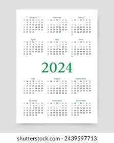 Calendar 2024 year. Yearly calender template. Week starts Sunday. Pocket wall organizer with 12 month in English. Scheduler layout in minimal design. Vector illustration. Portrait orientation, A4.