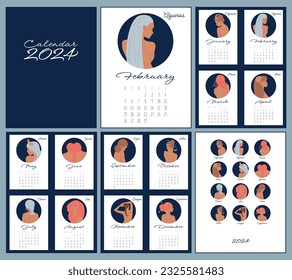 Calendar 2024. Zodiac signs: aquarius, libra, leo, taurus, cancer, pisces, virgo, capricorn, sagittarius, aries, gemini, scorpio. Astrological calender. Color vector horoscope. Ready design