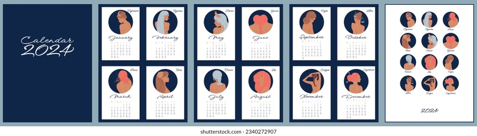 Calendar 2024. Zodiac signs: aquarius, libra, leo, taurus, cancer, pisces, virgo, capricorn, sagittarius, aries, gemini, scorpio. Astrological calender. Color vector horoscope. Ready design