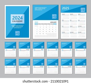 Calendar 2024-2025 template, Set Desk calendar 2024 template, Set of 12 Months, Wall calendar 2025 design, Can use Place for Photo and Company Logo, Blue cover design, minimal planner, vector