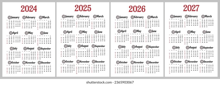 Calendar 2024,2025,2026,2027 , calendar 2024 week start Monday corporate design planner template.
