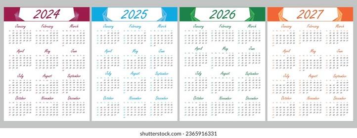 Calendar 2024,2025,2026,2027 , calendar 2024 week start Monday corporate design planner template. colorful calender design for four years plan