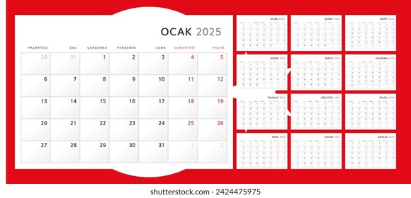 Calendario 20245n Turco. Calendario trimestral de pared para 2025 en estilo clásico minimalista. La semana comienza el lunes. Conjunto de 12 meses. Plantilla de planificador corporativo. Formato A4 horizontal. Ilustración de vector