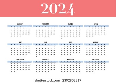 Calendar 2024,week start Sunday corporate design planner template.
