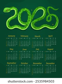 Calendar 2025. 12 months, starting from Sunday. New Year of the Snake. Cute green snake in the shape of the number 2025, dark green background. Zodiac animal cartoon character.