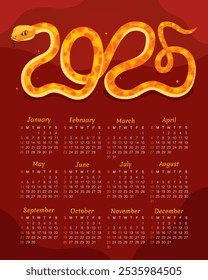 Calendar 2025. 12 months, starting from Sunday. New Year of the Snake. Cute yellow snake in the shape of the number 2025, red background. Zodiac animal cartoon character.