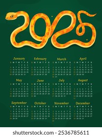 Calendar 2025. 12 months, starting from Sunday. New Year of the Snake. Cute yellow snake in the shape of the number 2025, green background. Zodiac animal cartoon character.